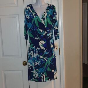 Sangria blue green white faux wrap dress Sz 12 NWT